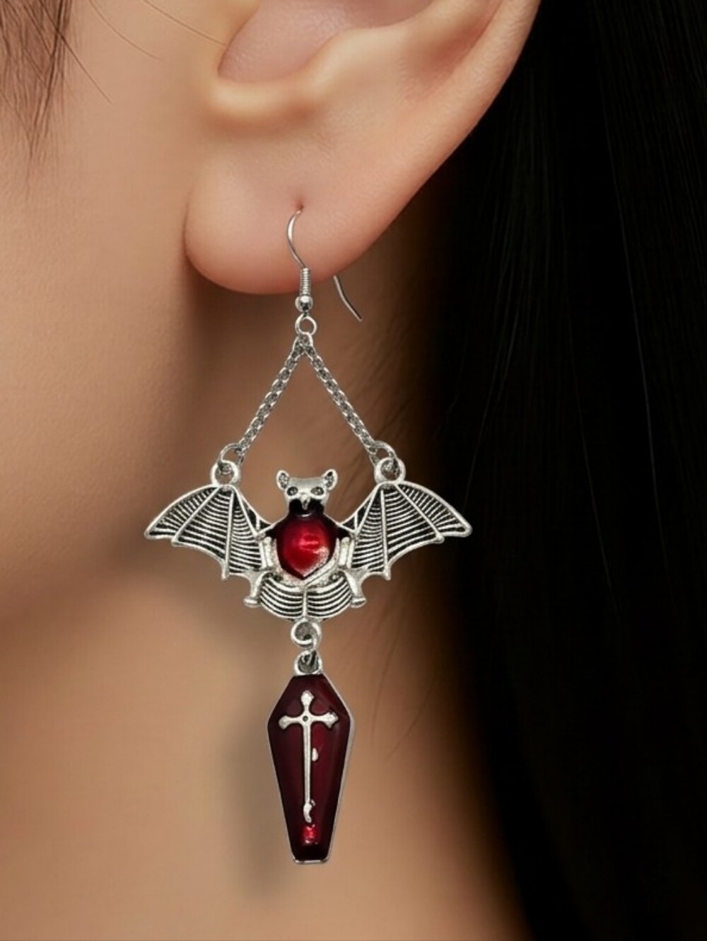 Gothic Bat Coffin Earrings Vampire Red Cross Halloween Chandelier Crypt Dangles
